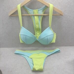 Victorias Secret The Fabulous Push Up Bikini Set 36D Large Blue Neon Yellow Zip